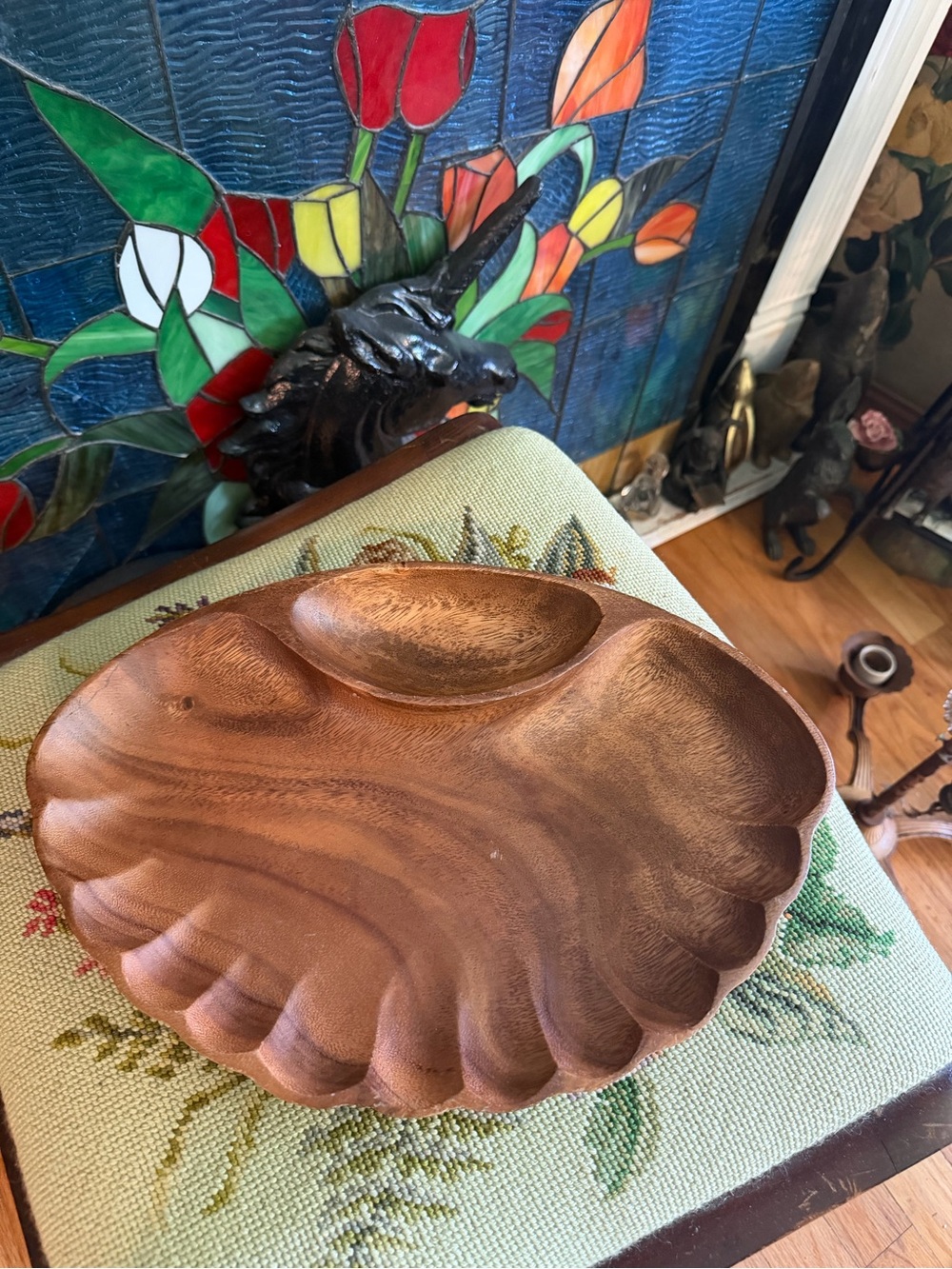 Vintage Kamani Wood Clamshell Serving Dish with Dip Section, Appetizer Plate